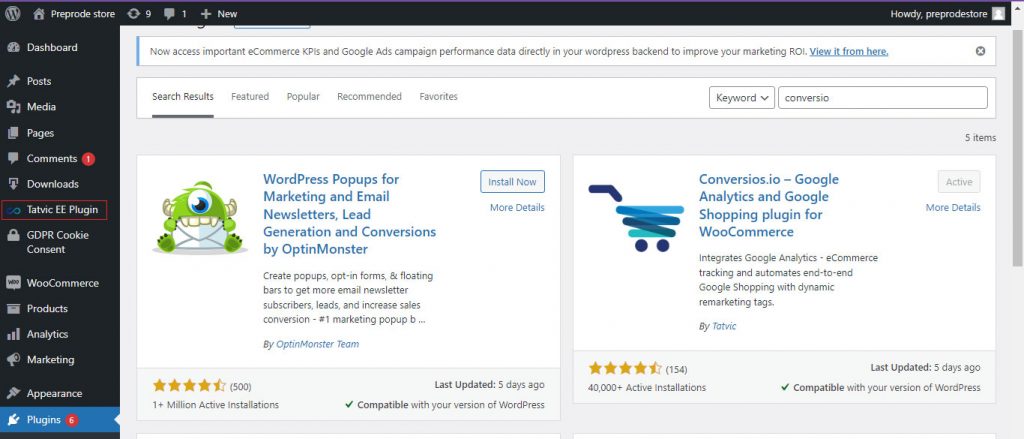WooCommerce Plugin in dashboard