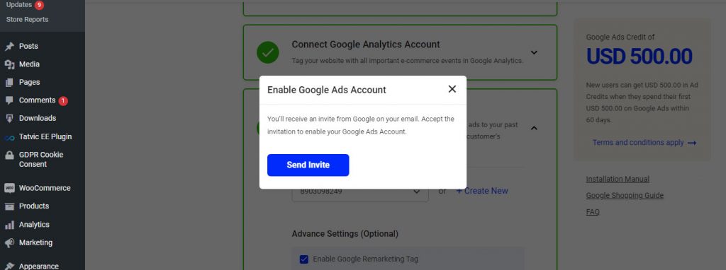 WooCommerce Plugin: Send Invite to enable Google Ads account